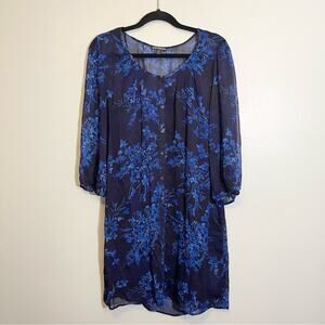 Express Womens Floral Print Round Neck 3/4 Sleeve Chiffon Dress Blue Large